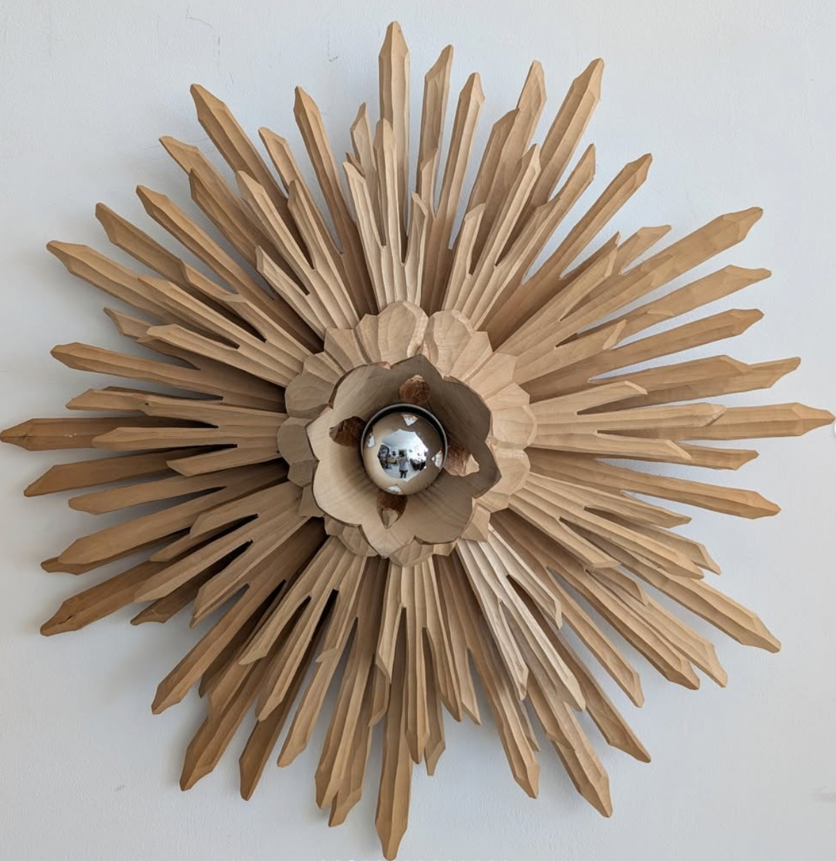 Large Carved Sunburst Wall/Ceiling Lights (Pair). C 1970