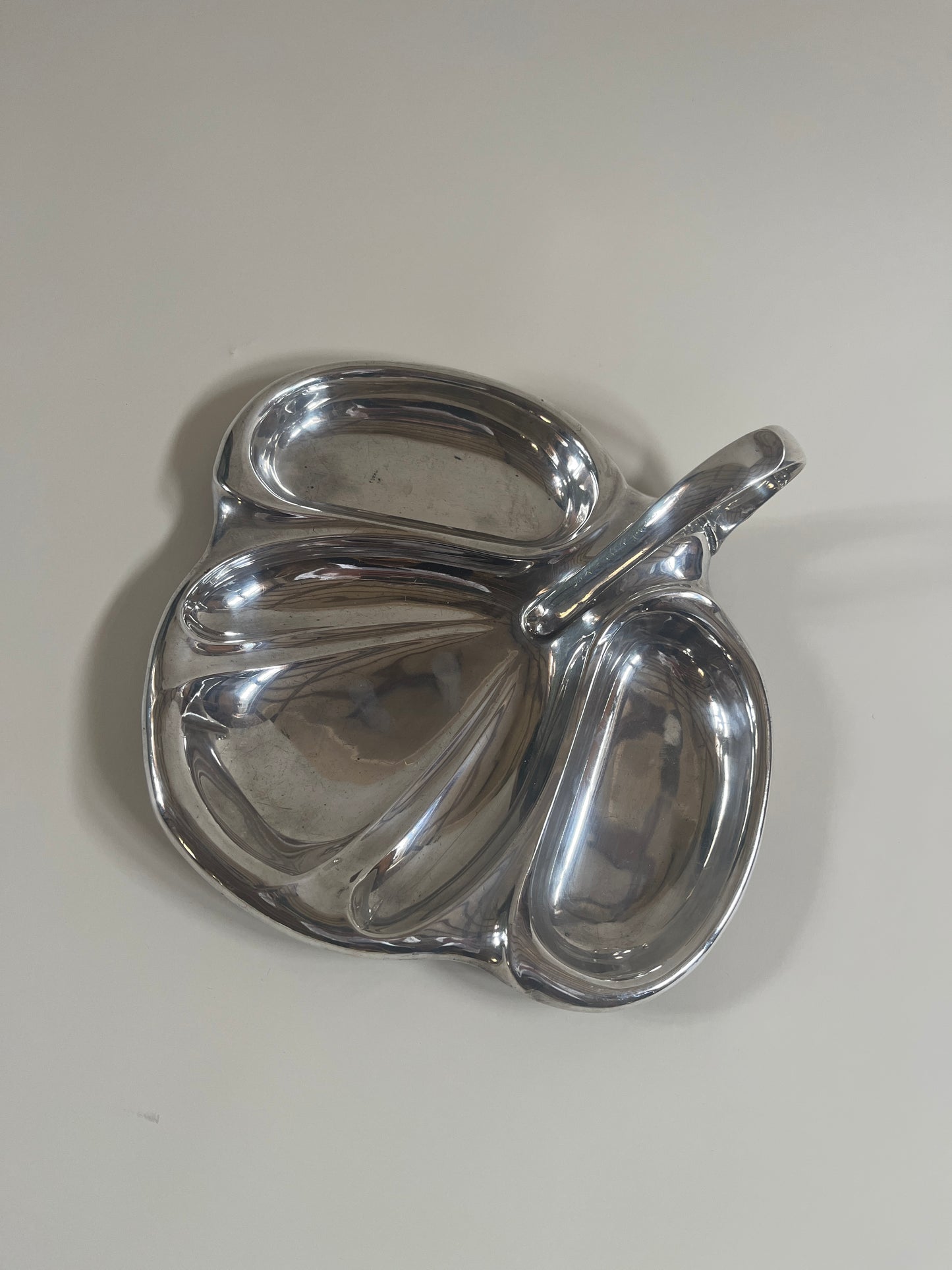 silver plate mappin and webb vintage serving dish with handle on light grey background