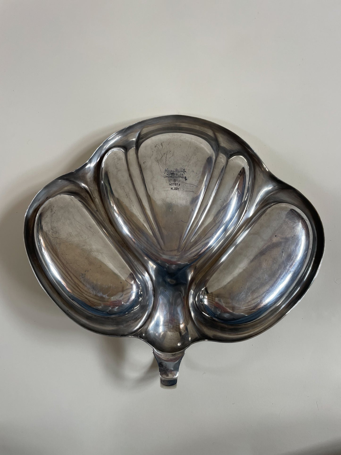 silver plate mappin and webb vintage serving dish with handle on light grey background