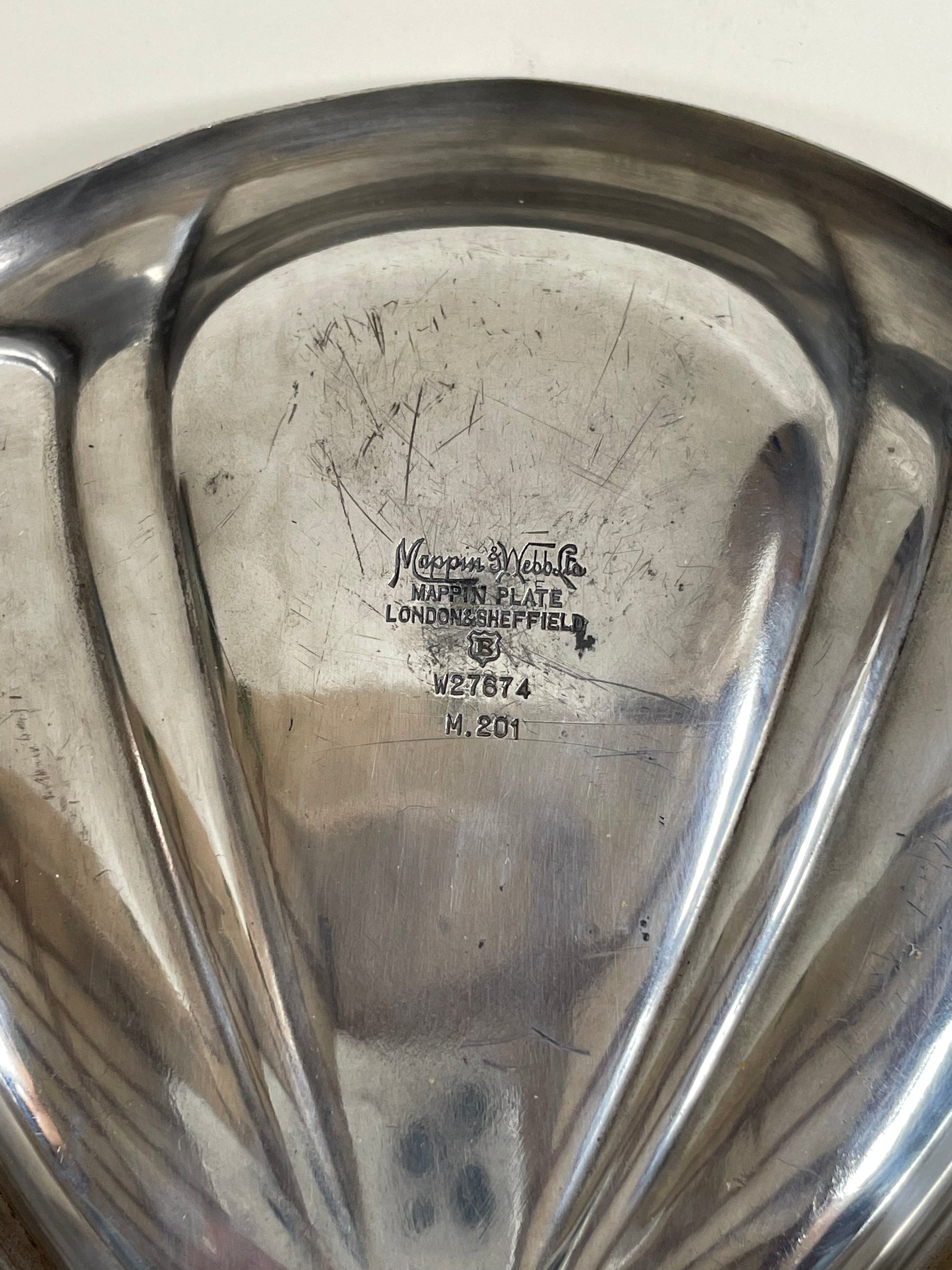 silver plate mappin and webb vintage serving dish with handle on light grey background